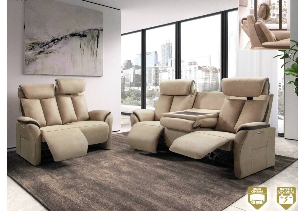 SOFA 3 PLAZAS 2 RELAX ELECTRICO+2 PLAZAS 2 RELAX ELECTRICO TAPIZADO:NEW NOBUCK BEIGE GRIS-OSCURO